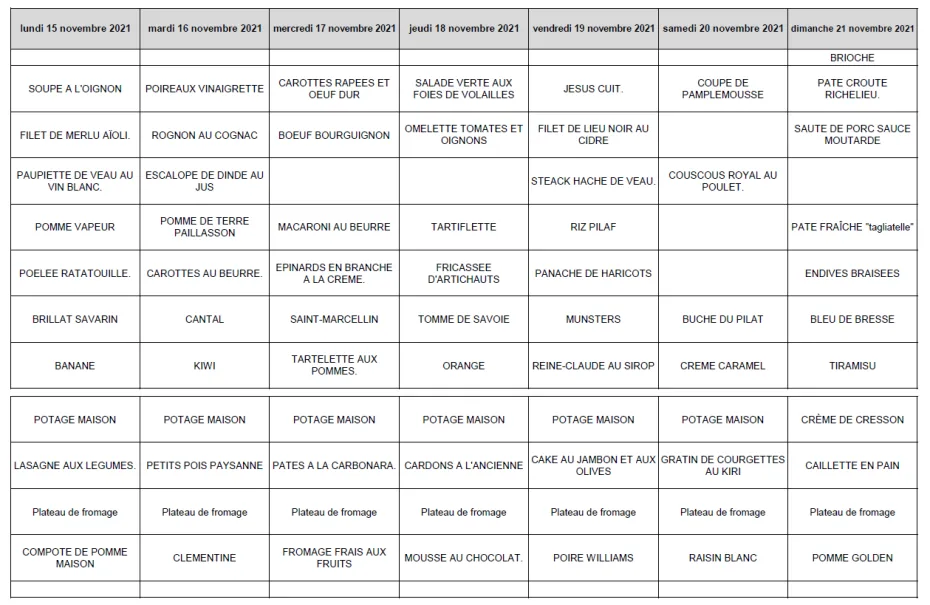 Menu de la semaine du 15 au 21 Novembre 