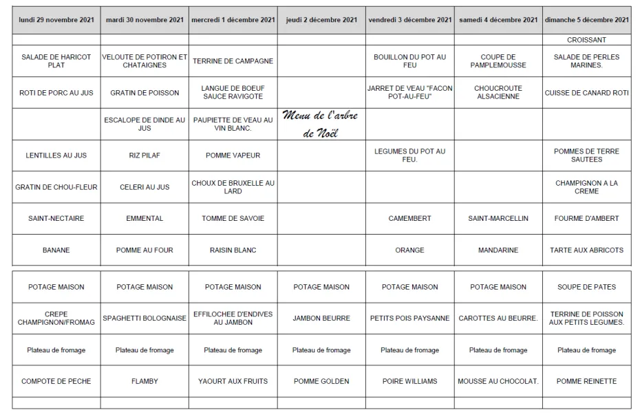 Menu du 29 au 5 Décembre