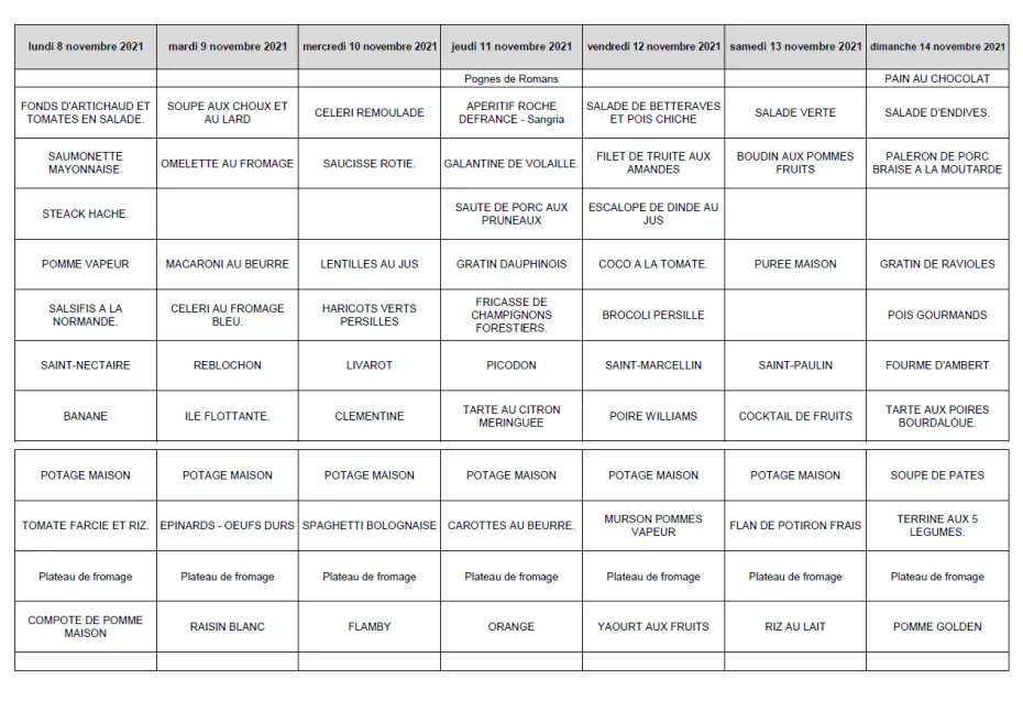 Menu du 8 au 14 Novembre 